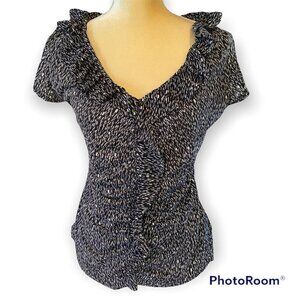 Halogen Short Sleeve Lo V-Neck Ruffled Trimmed Black and White Top,  XL …